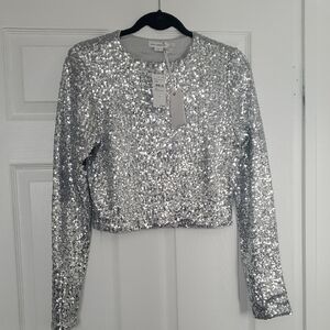 Good American Shimmering Silver Crop Jacket